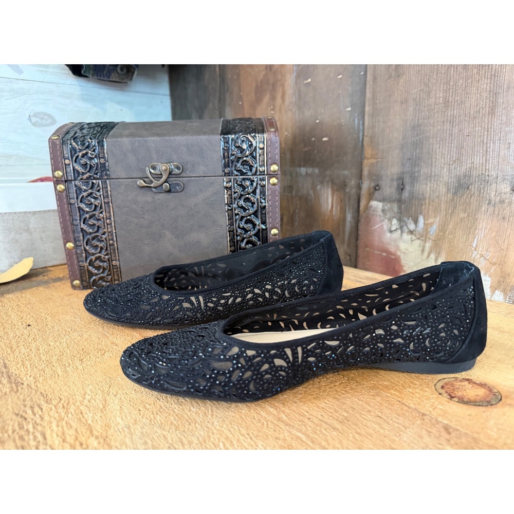 Alex Marie Black Laser Cut Lace Rhinestone Ballet Flats Floral Evening Shoes 8M